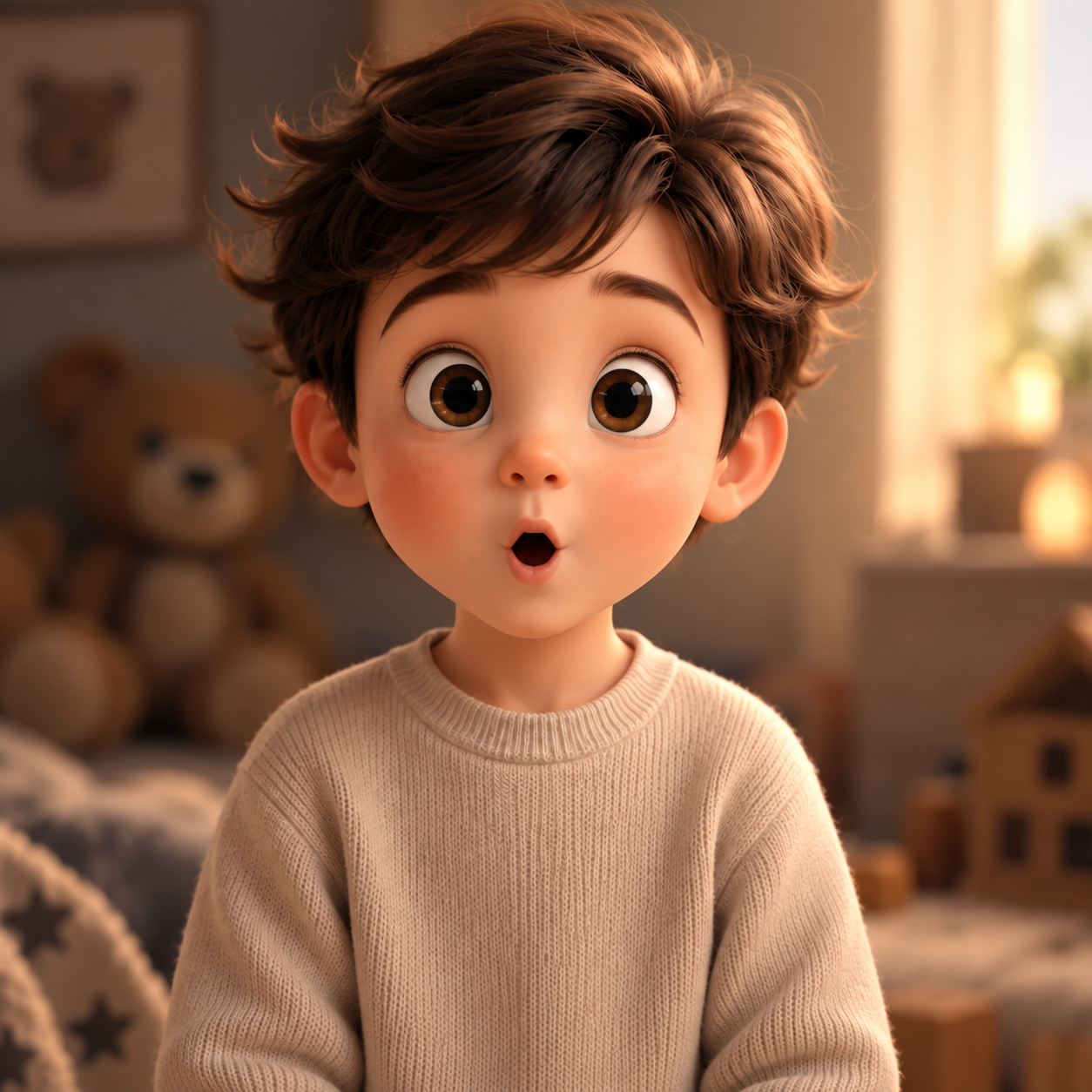 Surprised expression of the brown-haired child in a cream sweater